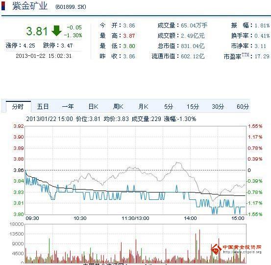 今日紫金矿业股票行情(2013年1月22日)