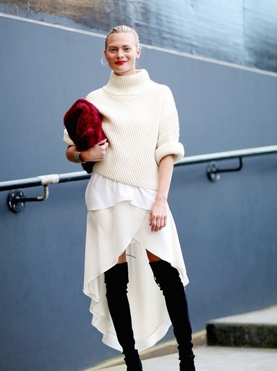 秋冬穿衣搭配技巧示范 连衣裙+过膝靴修腿型显腿长