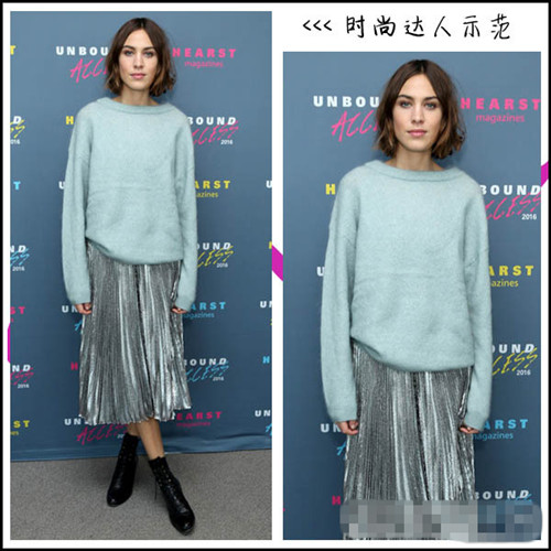 时尚达人穿衣搭配造型示范 羊绒衫+百褶裙更酷更时髦