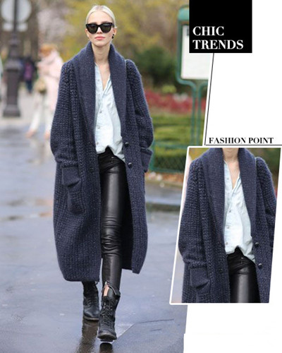 街拍明星穿衣<em>搭配</em>造型示范 <em>超长毛衣外套</em>轻松