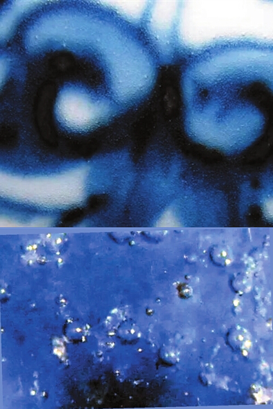 上:清代青花瓷气泡 下:现代青花瓷气泡