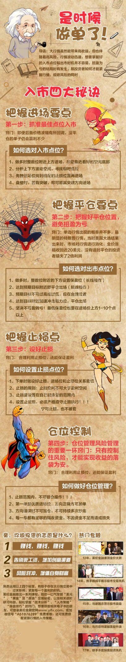 美联储风暴来袭,有何方良药治愈? 各单位注意!美元迎来美联储会议纪要的考验了 金价遭遇避险“滑铁卢”,而本周四美联储即将宣布利率决议,黄金未战先怯可见美联储的威力愈发不容忽视,不过投资者也无需太过担忧,现时的行情机遇与挑战并存。 美联储利率决议将于北京时间周四(9月21日)凌晨2点出炉,英伦金融提醒,有两大重点值得关注:决定是否加息、可能宣布开始缩减资产负债表,如果暗示年底加息,尽管加息可能性微乎其微,但美联储可能会开始宣布缩减资产负债表;如果如预期宣布缩表,其影响力也更大。更重要的是,缩表标志着美联储全面收紧货币政策,对市场风险情绪的打击将极为显著。金价受市场对美联储未来加息路径的预期影响,短线银行间挂单在1290-1300区间好仓存在一定支持,1310-1320区间则面临较强淡仓压力,较高值搏率的交易策略,以适量逢低做多及突破区间追单较有利。 值得关注的是,不少投资者表示,入市时机不好把握,即使消息一出才入场做单,也有可能会损失惨重,比如美联储议息结果偏鸽,很多时候投资者都会买多黄金,但行情却偏偏反着走时,金价也会反遭打击,很多抗不住单子的投资者亏损出场,有的甚至惨遭爆仓。 对此,英伦金融提醒,做单首先要做好仓位管理,不能为了盈利更多而持单过多,须知盈利越多风险越大,其次必须设好止盈止损,才能避免严重亏损,最后是不能一味地追逐短线,当行情发展到某一些阶段,细节走势越来越不确定时,做单和持仓应该转变到以日K线级别的行情走势为主。为助投资者更好地把握交易时机,英伦金融还特别制作了图解“入市四大秘诀”: 英伦金融在大宗商品方面有着超过30年的研究经验,多次携手知名经济学家紧握投资先机,坚持策略创富,为众多投资者带来更多盈利,想要获取最新的美联储决议焦点分析,请登录英伦金融官方网址www.yifx.com,或添加微信公众号“yifx400”回复“交易策略”即可免费获取交易策略!