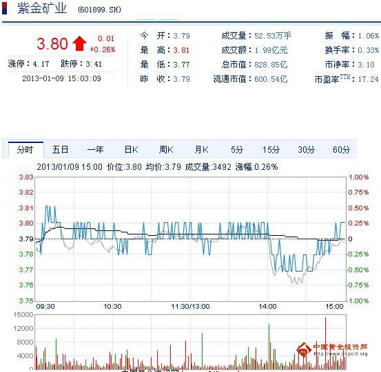 今日紫金礦業(yè)股票行情(2013年1月9日)