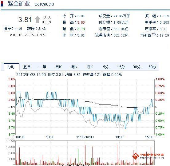 今日紫金礦業(yè)股票行情(2013年1月23日)