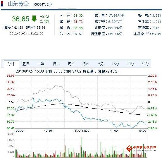 今日山東黃金股票行情(2013年1月24日)