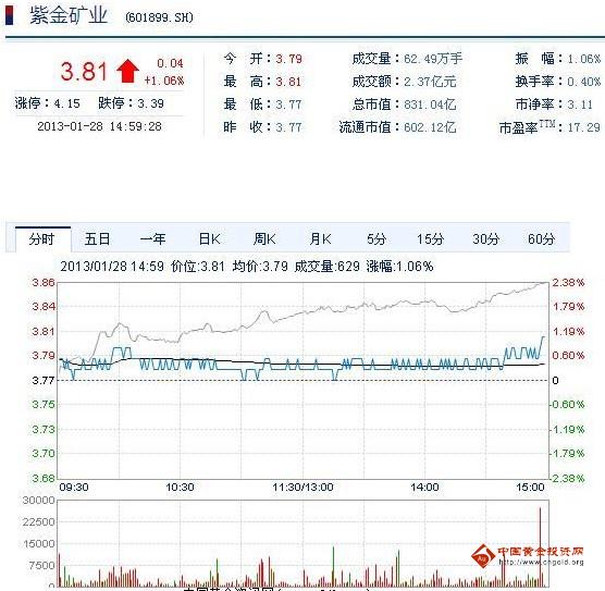 今日紫金礦業(yè)股票行情(2013年1月28日)