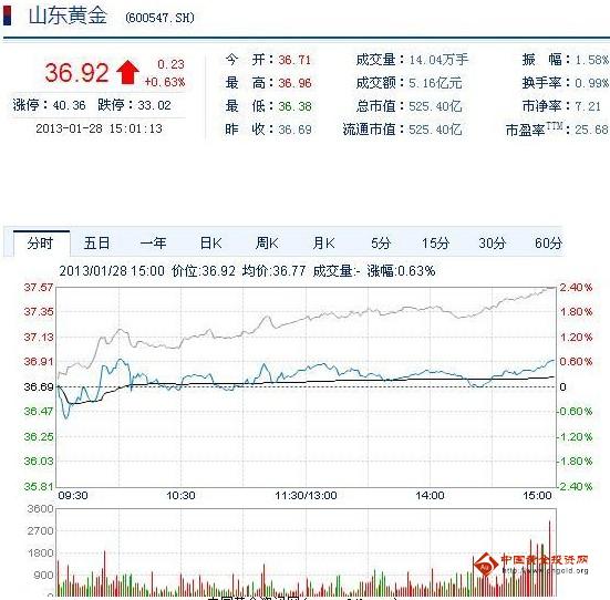 今日山東黃金股票行情(2013年1月28日)