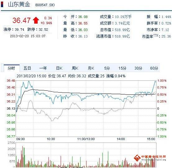 今日山東黃金股票行情(2013年2月20日)