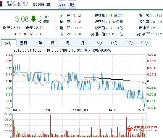 今日紫金矿业股票行情(2013年5月31日)