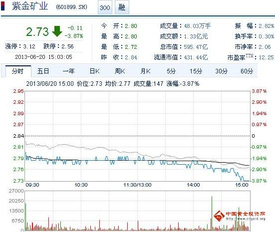 今日紫金礦業(yè)股票行情(2013年6月20日)