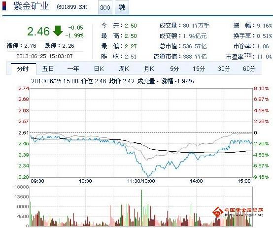 今日紫金礦業(yè)股票行情(2013年6月25日)
