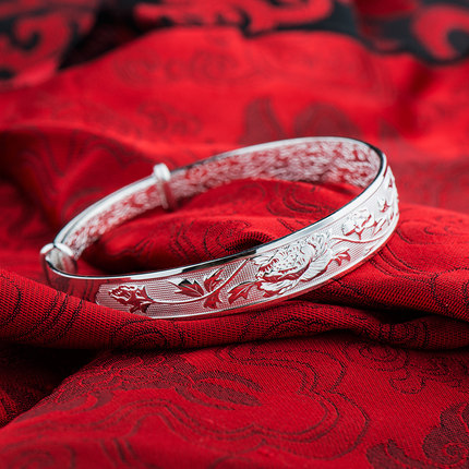 银时代祈福s999千足银牡丹花纹手镯图片_珠宝图片