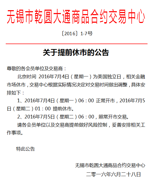 关于提前休市的公告