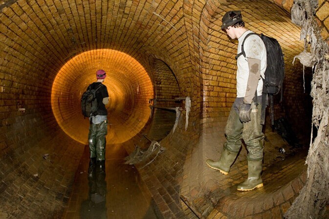 2012年7月24日,英国伦敦,城市探险者在下水道中探险.