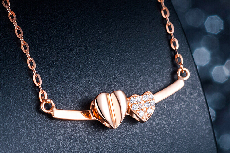 周六福珠宝18k玫瑰金钻石套链心心相印项链_珠宝图片
