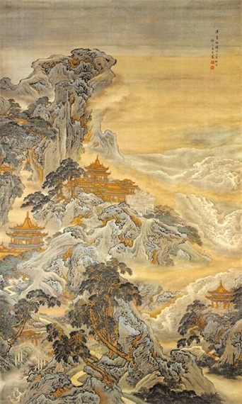 2cm x 163cm 清代名家袁江的《驪山避暑圖》,圖中山巒起伏,霧靄縹渺