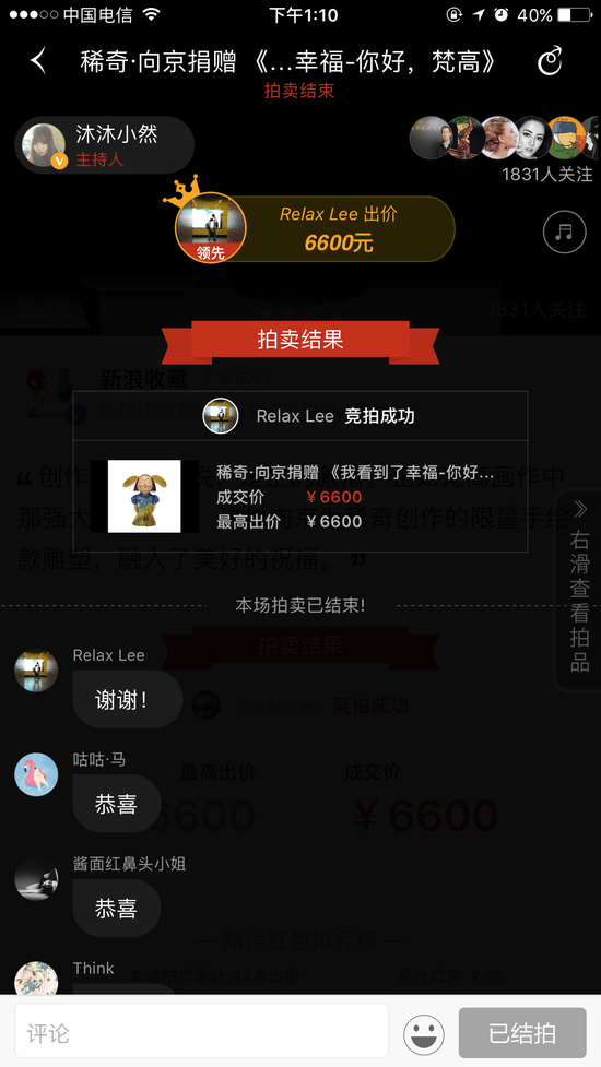 向京《你好 梵高！》限量版雕塑以6600元价格成交