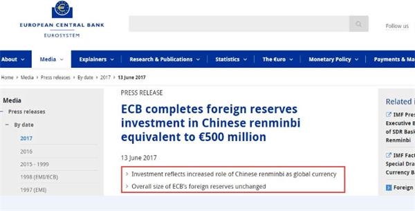 欧洲央行增持5亿欧元人民币 抛售等值美元资产