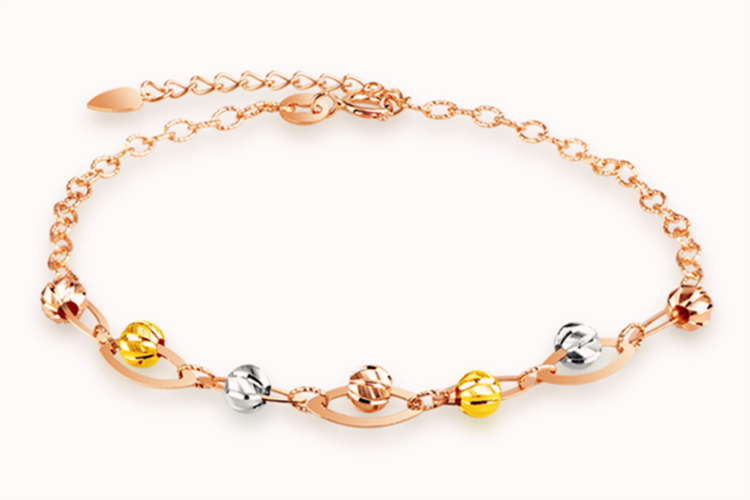 亚一金店彩18k黄金au750手链三色橄榄间珠_珠宝图片