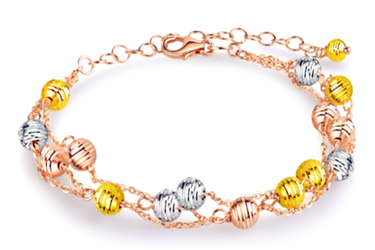 亚一金店彩18K黄金Au750手链闪耀三色球手链_珠宝图片