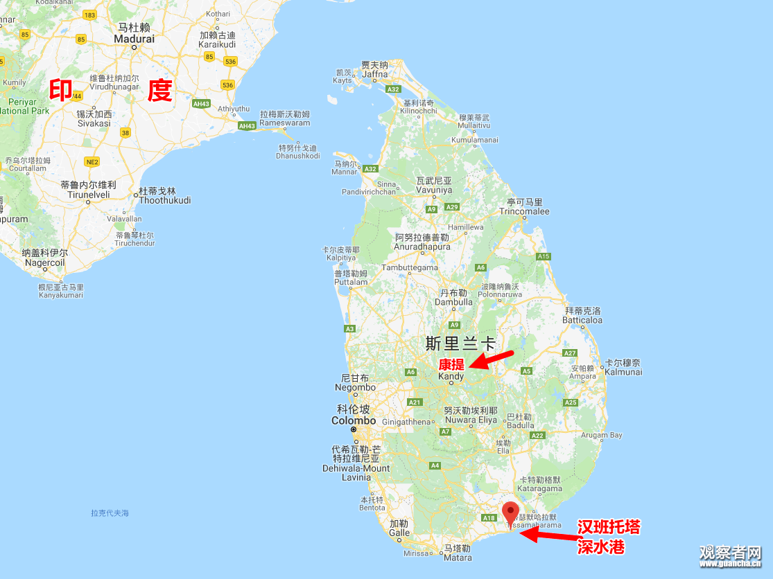 康提及汉班托塔港位置示意图