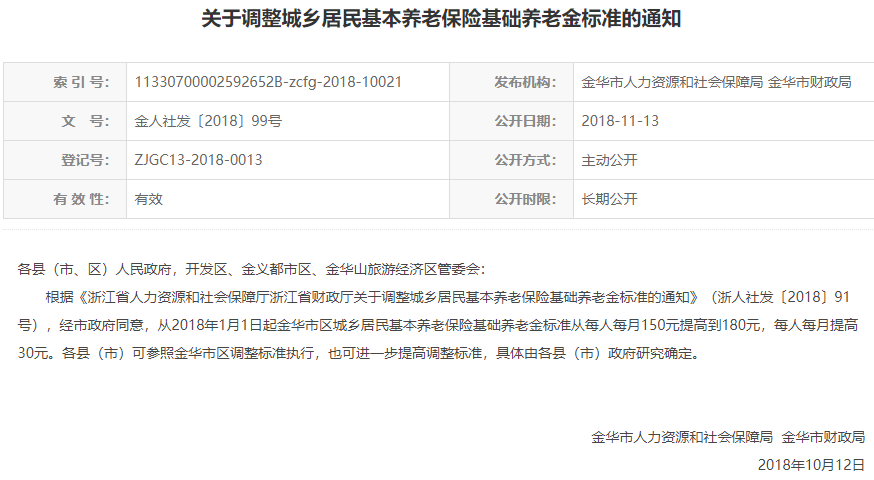 金华市关于调整城乡居民基本养老保险基础养老金标准的通知