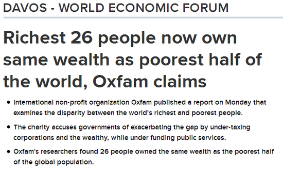全球贫富差距惊人 最富26人与一半最穷财富相等
