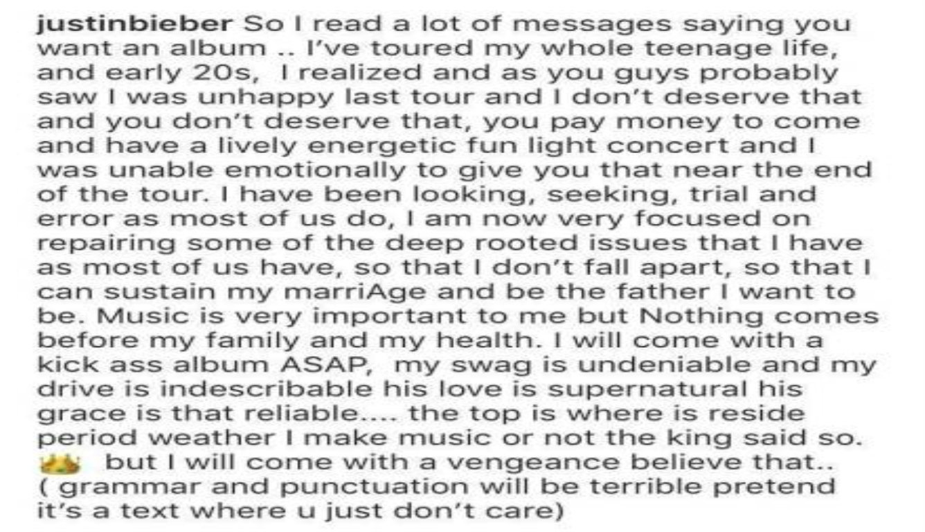 比伯宣布暂停音乐事业 称没有什么比家庭健康更重要