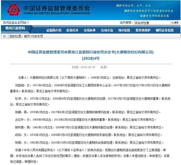 黑龙江证监局：大通期货的期货资管业务因存在多项违规而被勒令暂停