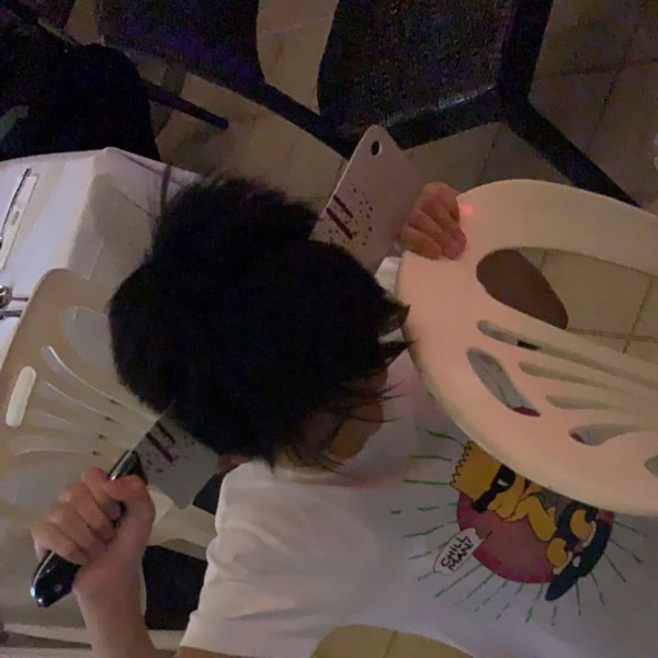 张柏芝晒万圣节装扮 与儿子一起打造头“插”菜刀造型