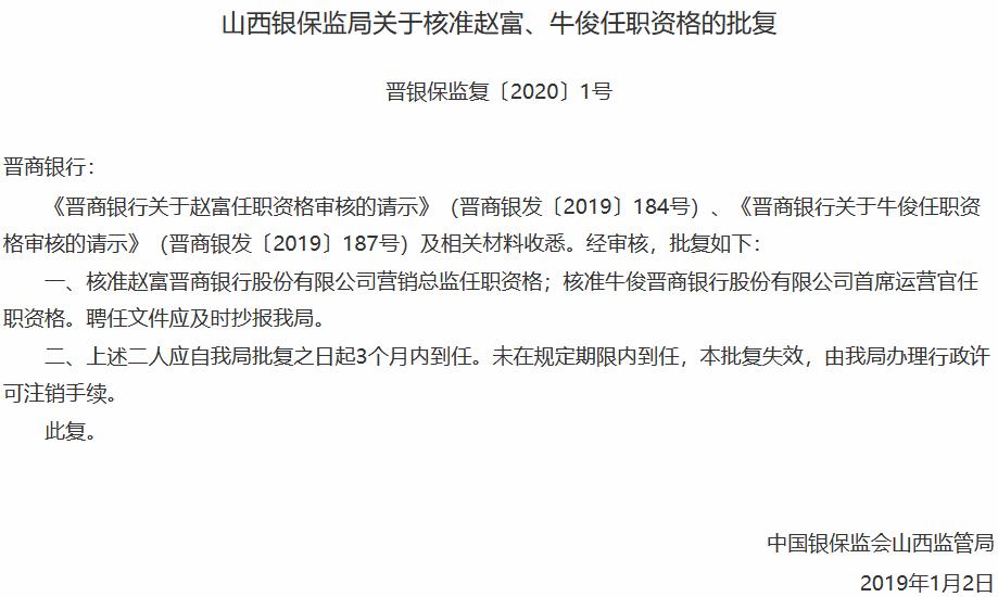 晋商银行3名高管任职资格获准