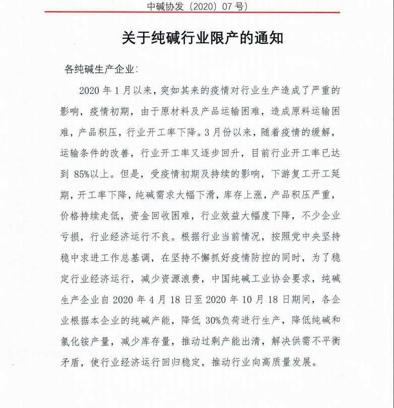 关于纯碱行业限产的通知