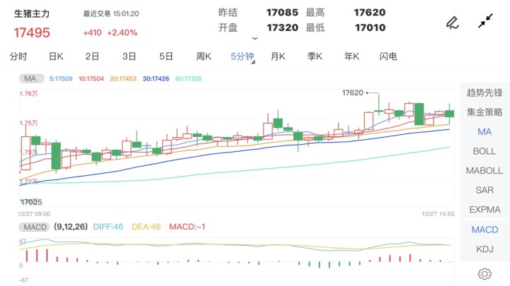 10月27日期货软件走势图综述:生猪期货主力涨2.40%
