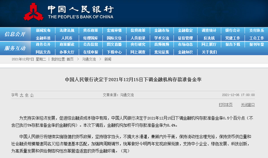 央行宣布于12月15日降準(zhǔn)0.5個(gè)百分點(diǎn) 再釋放長(zhǎng)期資金約1.2萬(wàn)億元