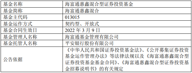 海富通惠鑫混合型证券投资基金基金合同生效公告