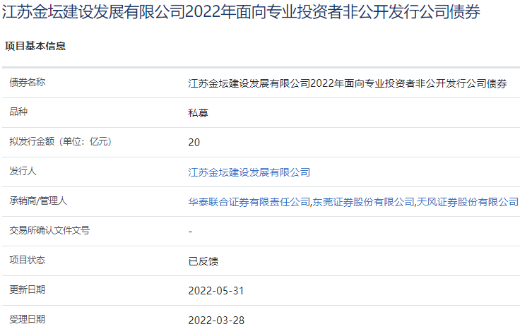 已反馈：江苏金坛建设发展有限公司20亿私募债券项目