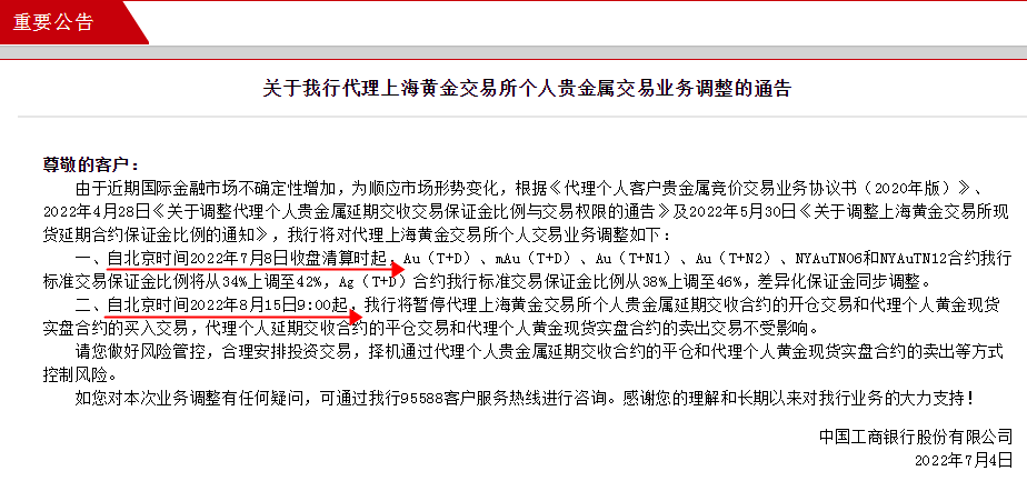 工商銀行將暫停代理上金所個(gè)人貴金屬延期交收合約開(kāi)倉(cāng)交易 上調(diào)部分合約保證金比例
