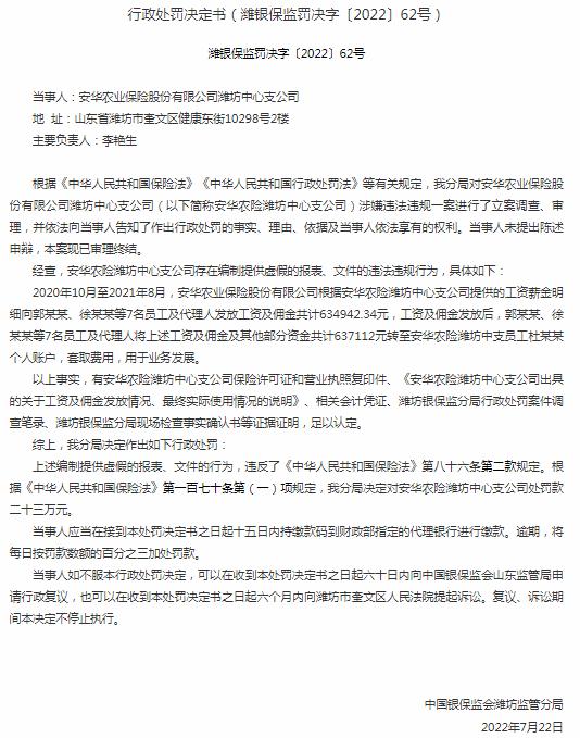 安华农业保险潍坊中心支公司因编制提供虚假的报表、文件被罚23万元