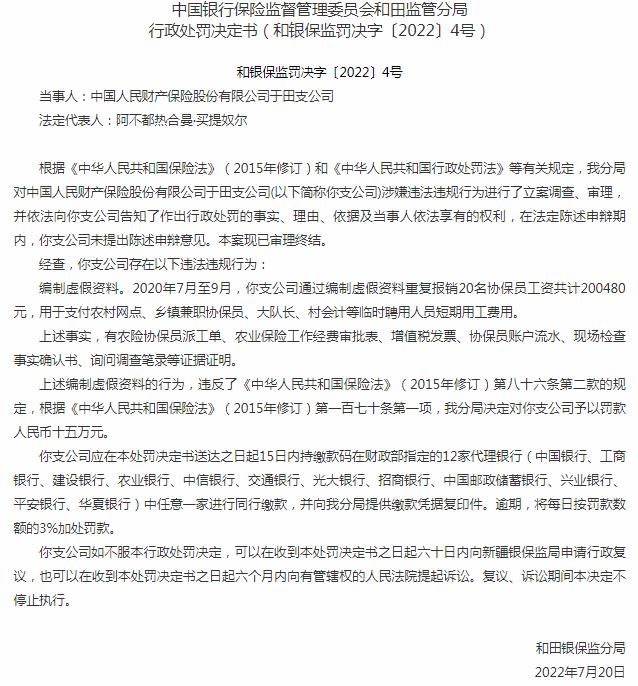 中国人民财产保险于田支公司被罚15万元 涉及编制虚假资料