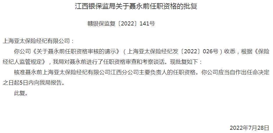 银保监会江西监管局核准上海亚太保险经纪公司聂永前江西分公司主要负责人的任职资格