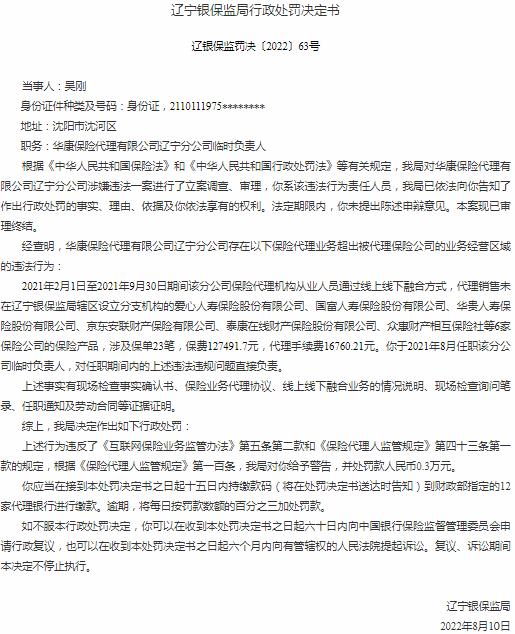 銀保監會遼寧監管局開罰單 華康保險代理吳剛被罰0.3萬元