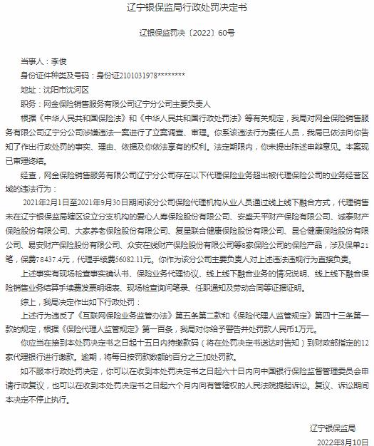 网金保险销售服务李俊因超出被代理保险公司的业务经营区域 被罚1万元