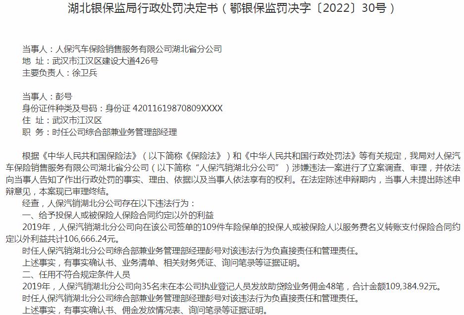 人保汽车保险销售服务湖北省分公司因任用不符合规定条件人员 被罚13万元