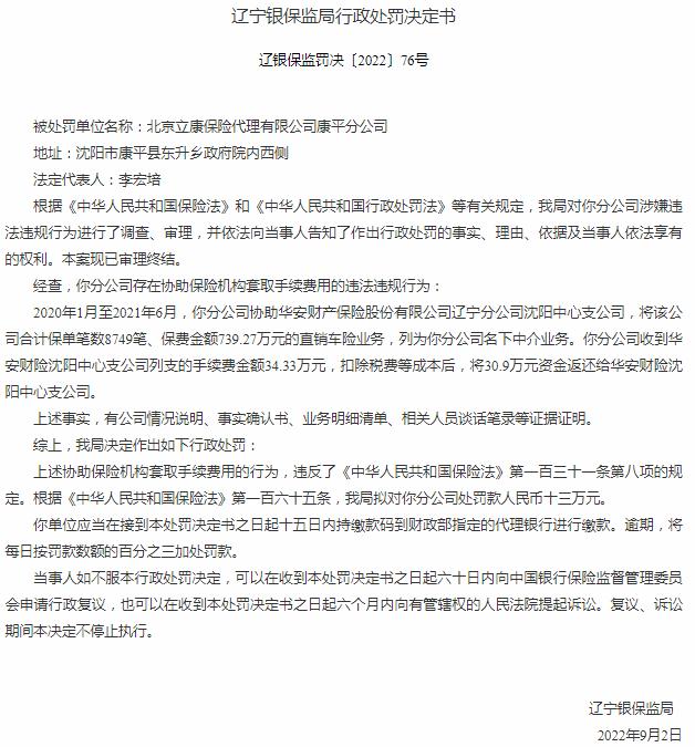 北京立康保险代理康平分公司因协助保险机构套取手续费用 被罚13万元