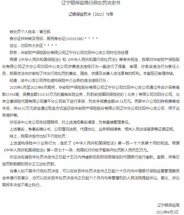 华安财产保险沈阳中心支公司崔玉凯被罚5万元 涉及虚构保险中介业务