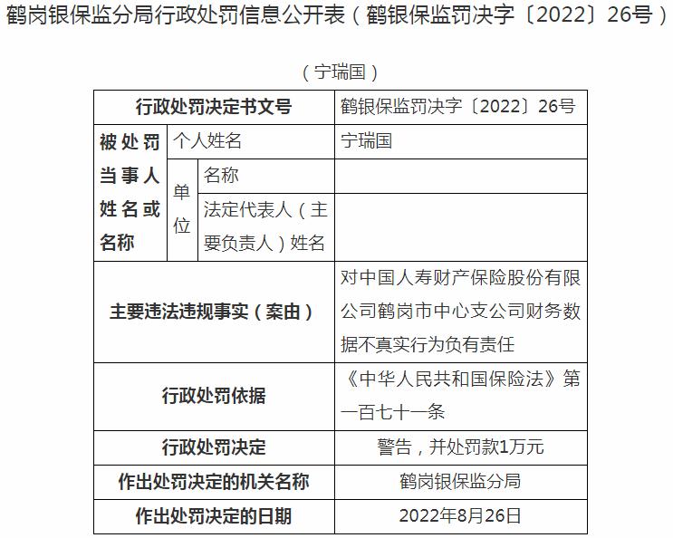 中国人寿财产保险鹤岗市中心支公司宁瑞国被罚1万元 涉及财务数据不真实