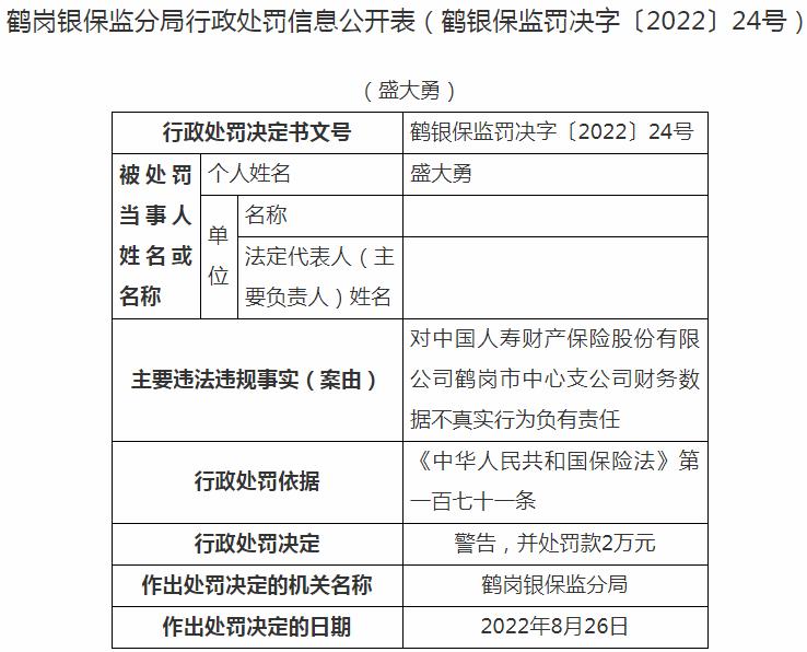 中国人寿财产保险鹤岗市中心支公司盛大勇被罚2万元 涉及财务数据不真实