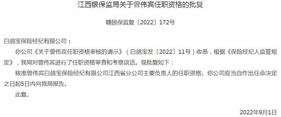 银保监会江西监管局核准北白鸽宝保险经纪曾伟宾江西省分公司主要负责人的任职资格