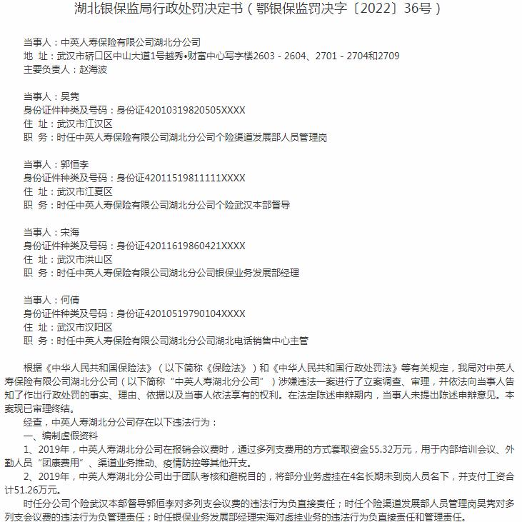中英人寿保险湖北分公司郭恒李、吴隽、宋海因编制虚假资料 被罚款4万和1万元元
