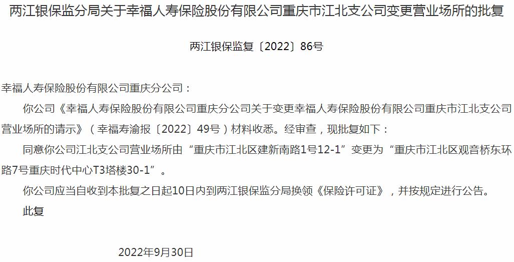 银保监会重庆监管局核准幸福人寿保险股份有限公司重庆分公司地址变更